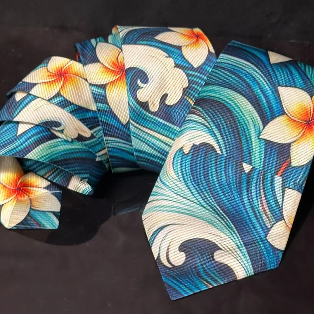 Hawaiian Floral Menswear Necktie Aloha Neckwear Resort Gift Tropical Blue Tie